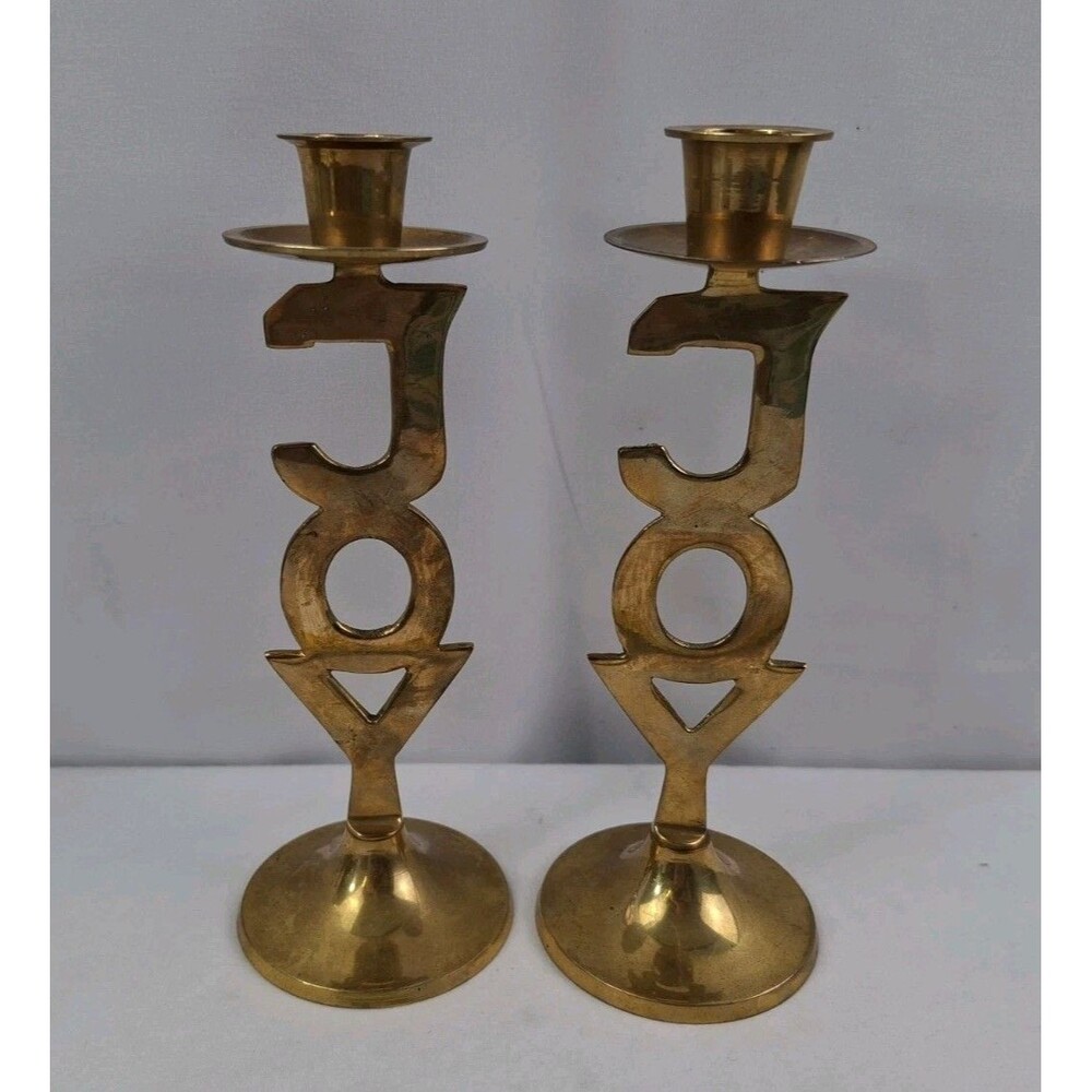 Vtg International Silver Co. Solid Brass JOY Candlestick Holders Set of 2 India